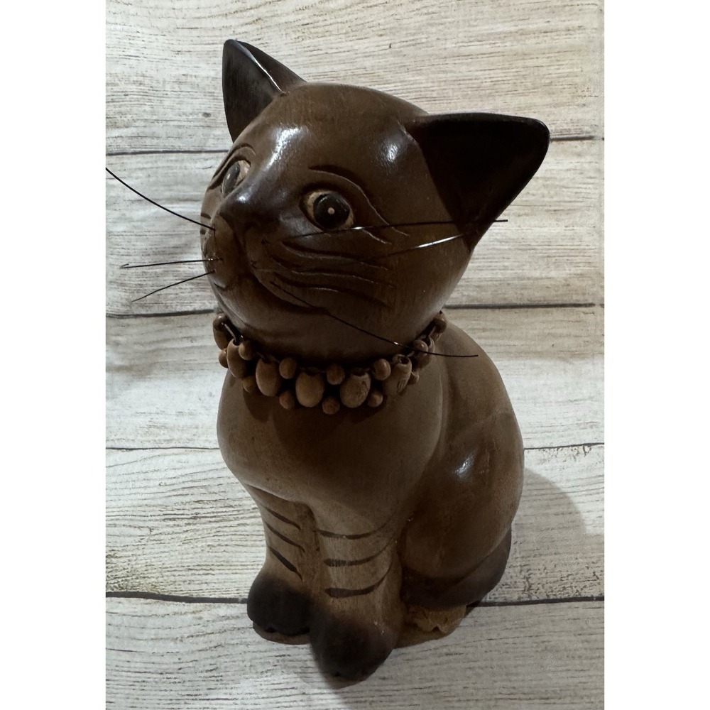 Hand Carved Wooden Kitty Cat Statue Figurine with Beaded Necklace Thailand TubG